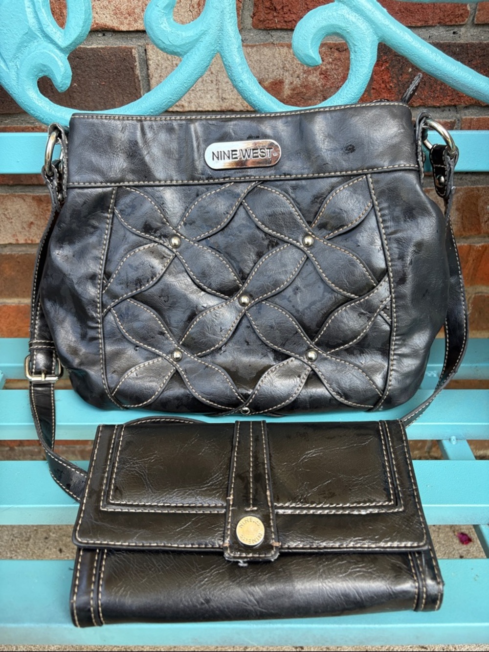 Nine West Black Quilted Leather Crossbody Purse with Matching Wallet Nine and Co